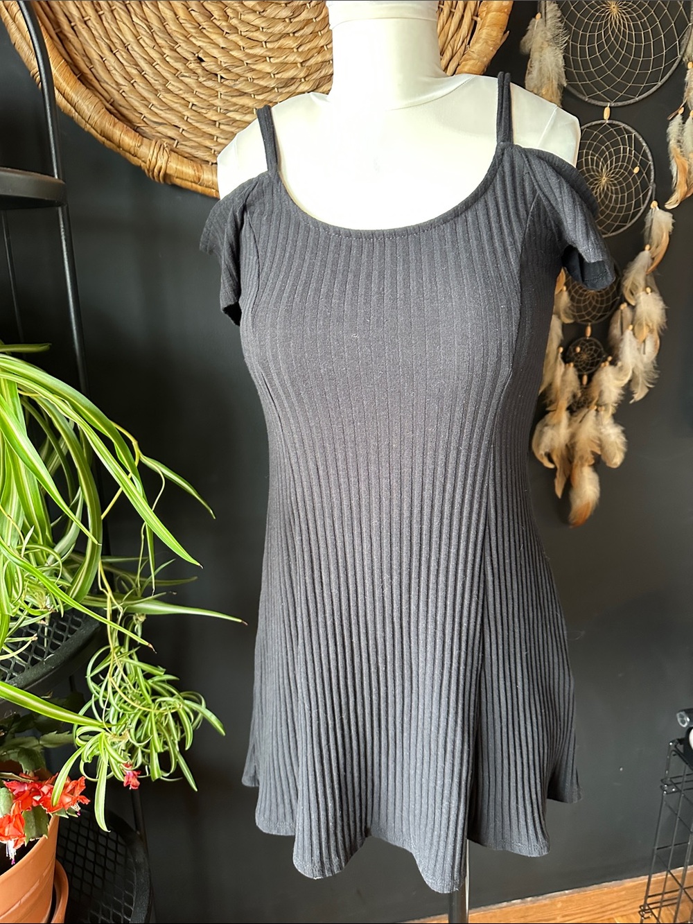 silence + noise Ribbed Cold-Shoulder Mini Dress in Charcoal Gray